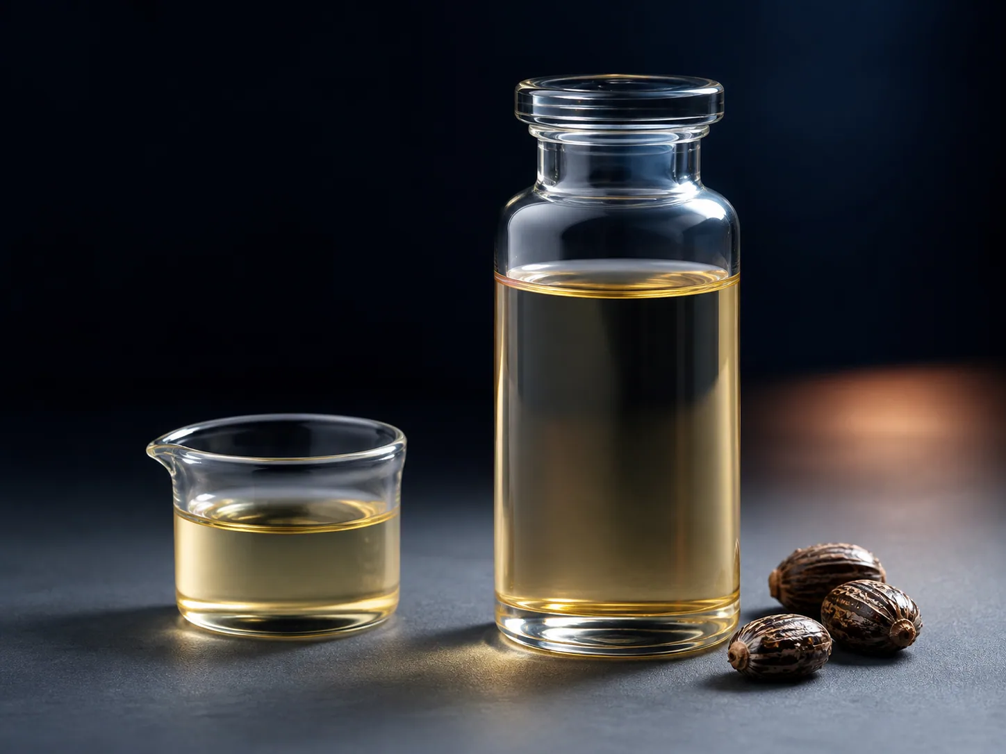 Pale amber oil-based zinc ricinoleate concentrate in laboratory glassware